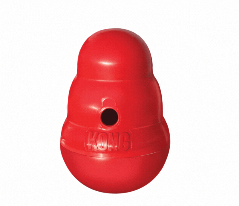 Gif of Wobbler with arrows pointing to it that say "dispenses kibble or treats, unpredictable wobbler, and unscrews for easy filling"