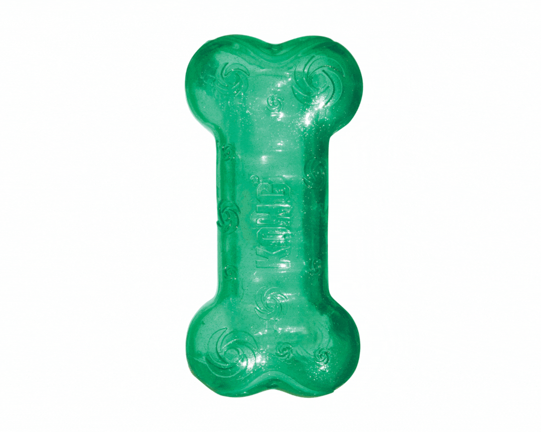 Gif of green Squeezz Crackle bone and orange Squeezz Crackle Stick with arrows pointing to it that say "crackles!, fun to fetch, and flexible material"