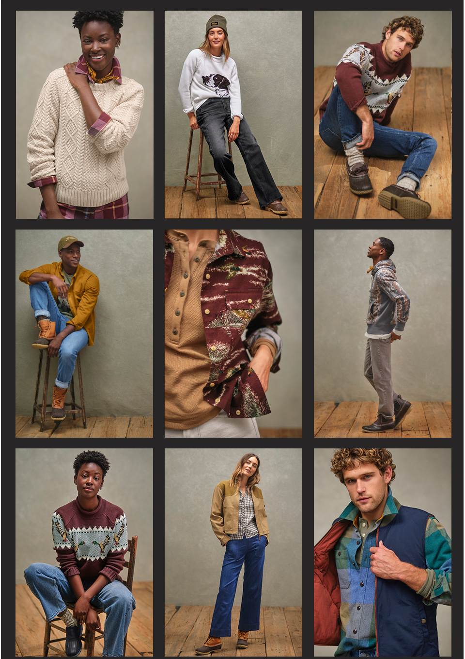 2025 L.L.Bean Signature Collection for men and women. Models wearing sweaters, flannel shirts, sweatshirts, tees, jackets, denim, boots and more.