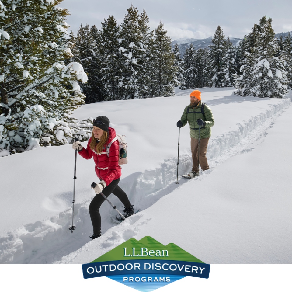 L.L.Bean Outdoor Discovery Programs. People snowshoeing through the woods.