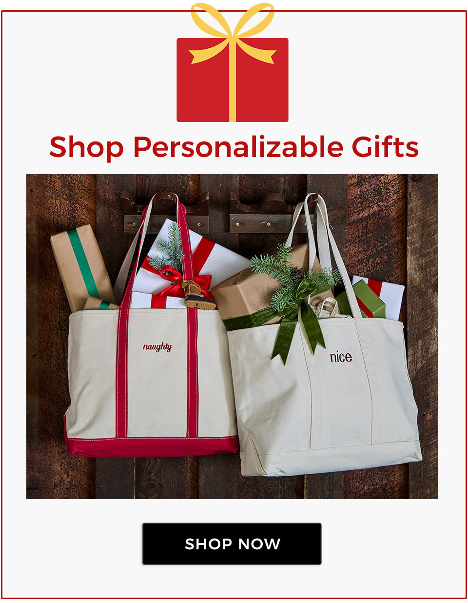 Personalizable Gifts. Image of two monogrammed Boat & Tote Bags.