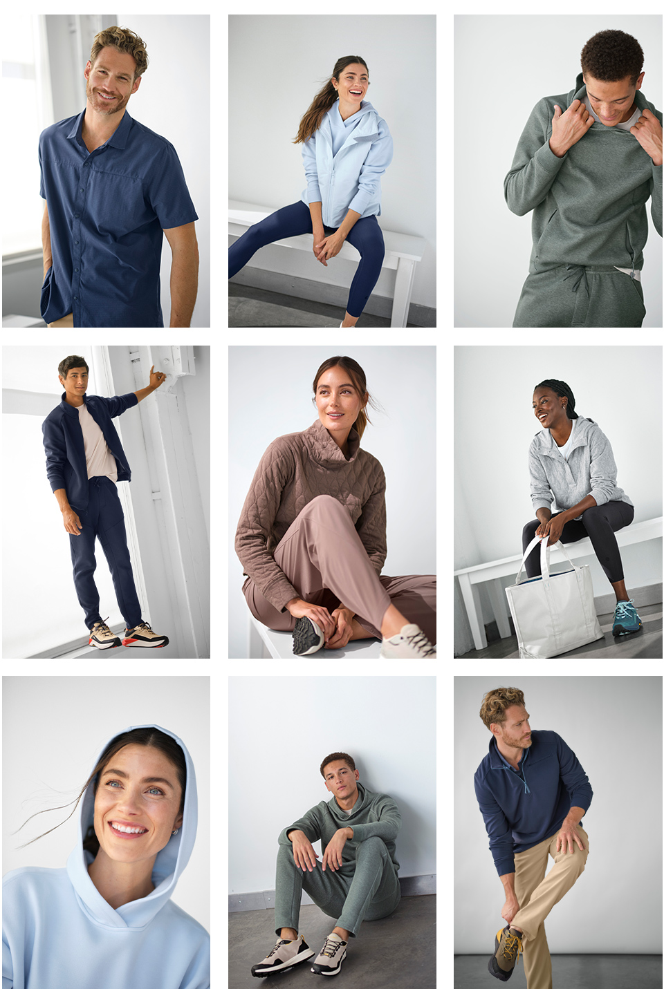 L.L.Bean Venture Collection for men and women. Images of people wearing new tops, bottoms, and footwear in new styles and colors.
