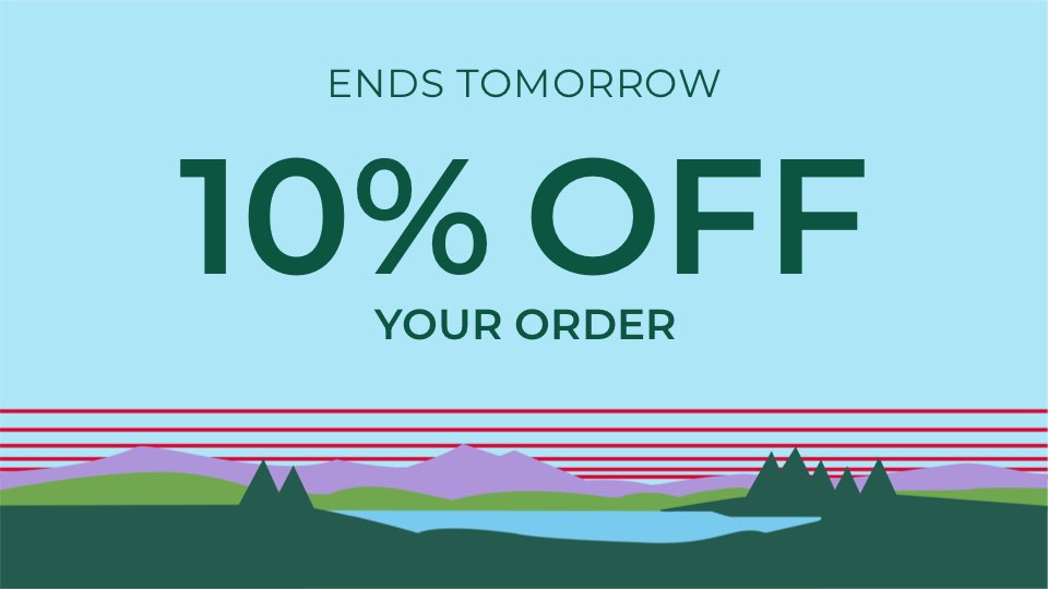 Ends tomorrow. 10% OFF YOUR ORDER. Your code expires Monday, 3/30. One-time-use only, conditions and exclusions apply. To redeem in stores, present this barcode.