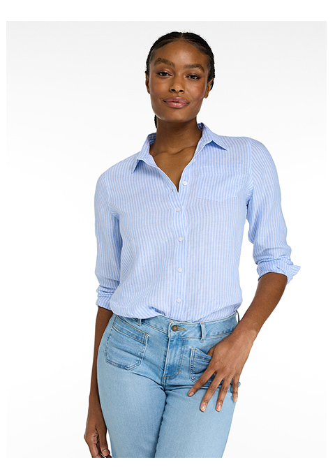 Premium Washable Linen Shirt, Tunic Stripe, Seaboard Blue