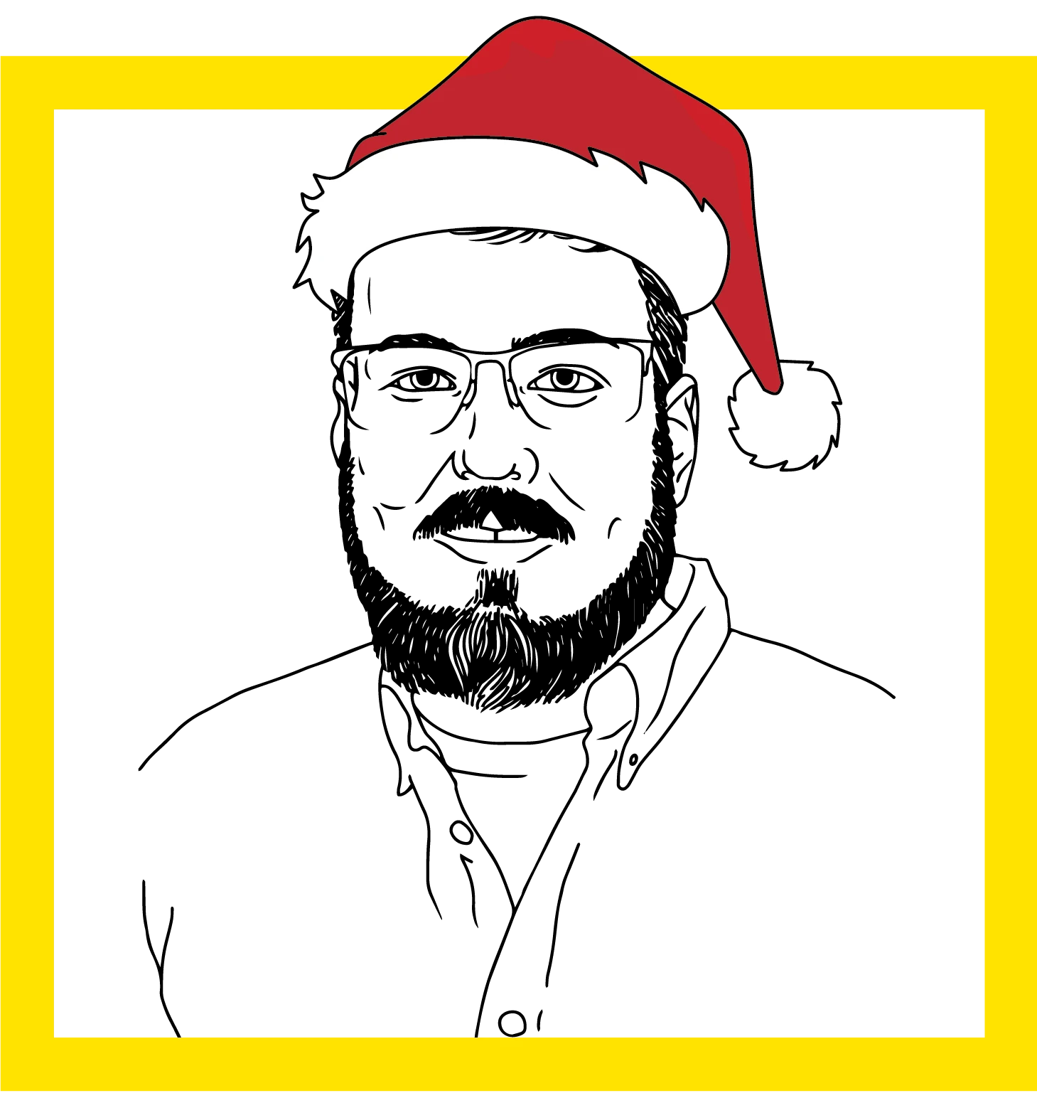 Black-and-white line drawing of a man with glasses and a beard, framed by a thick yellow border in a Santa hat.