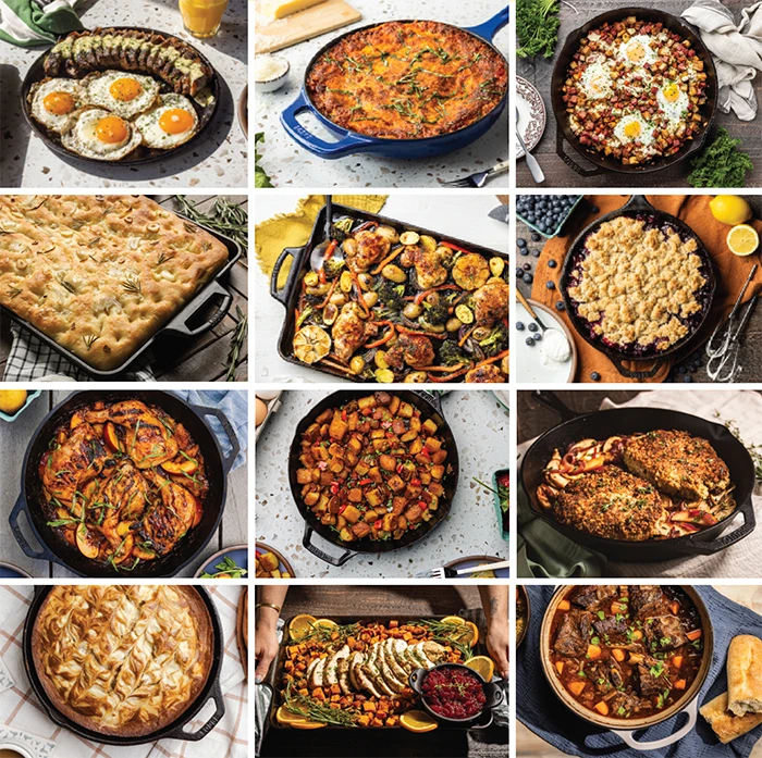 Collage of twelve cast iron dishes, including breakfasts, baked goods, roasted vegetables, chicken, pies, and hearty stews.