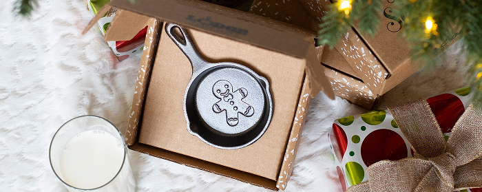 Engraved mini-skillet under a Christmas tree