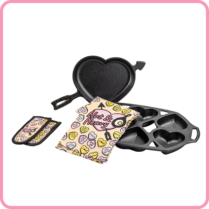 Heart themed cooking set with a skillet, mini-cake pans, and towels