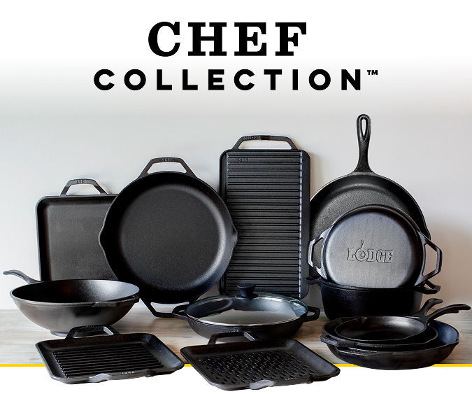 Chef Collection cast iron cookware assortment including skillets, griddles, and pans