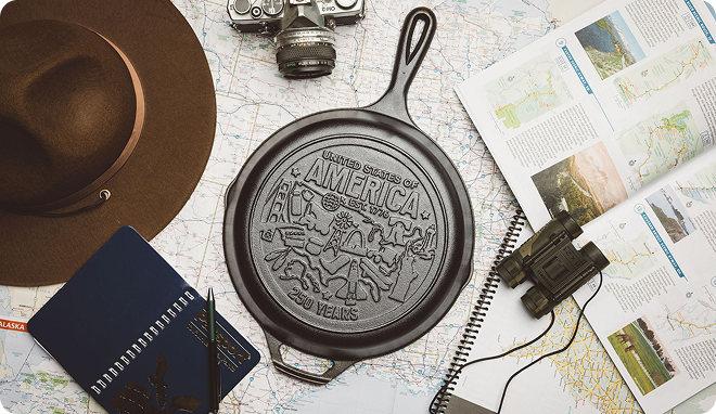 Skillet cast with representative icons of important moments in America's history