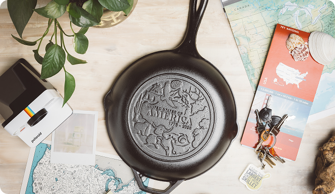 Skillet cast with imagery of American wildlife