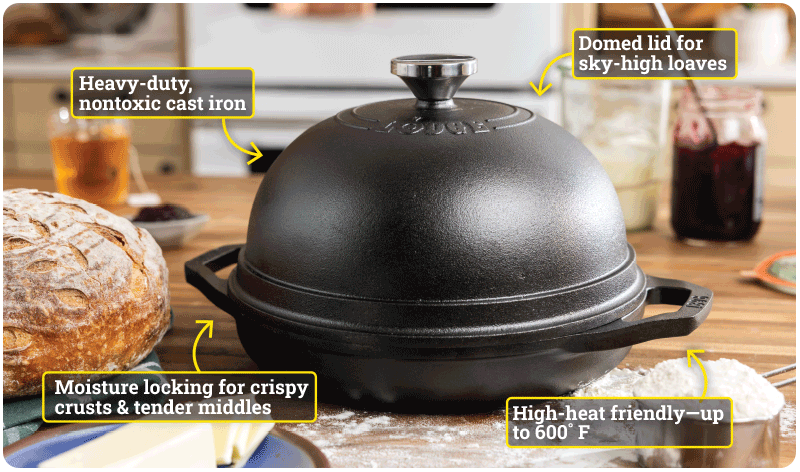 Heavy-duty nontoxic cast iron, Domed lid, high-heat friendly, moisture locking Heavy-duty nontoxic cast iron, Domed lid, high-heat friendly, moisture locking