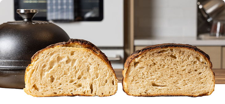Side by side example of two cut bread loaves, one with a perfect rounded top and the other with a flattened top Side by side example of two cut bread loaves, one with a perfect rounded top and the other with a flattened top