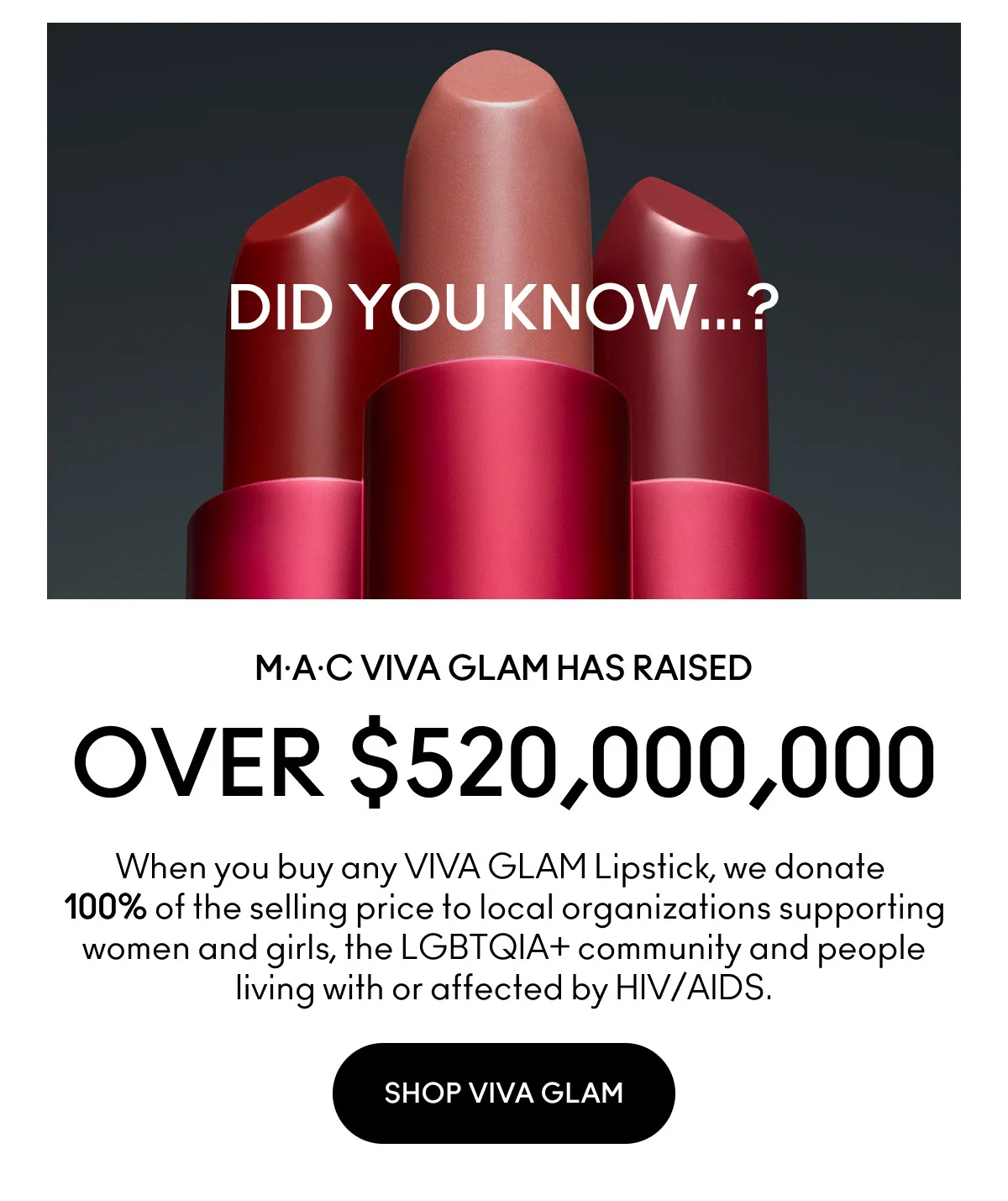 DID YOU KNOW...? MAC VIVA GLAM HAS RAISED OVER $520,000,000. When you buy any VIVA GLAM Lipstick, we donate 100% of the selling price to local organizations supporting women and girls, the LGBTQIA+ community and people living with or affected by HIV/AIDS. SHOP VIVA GLAM
