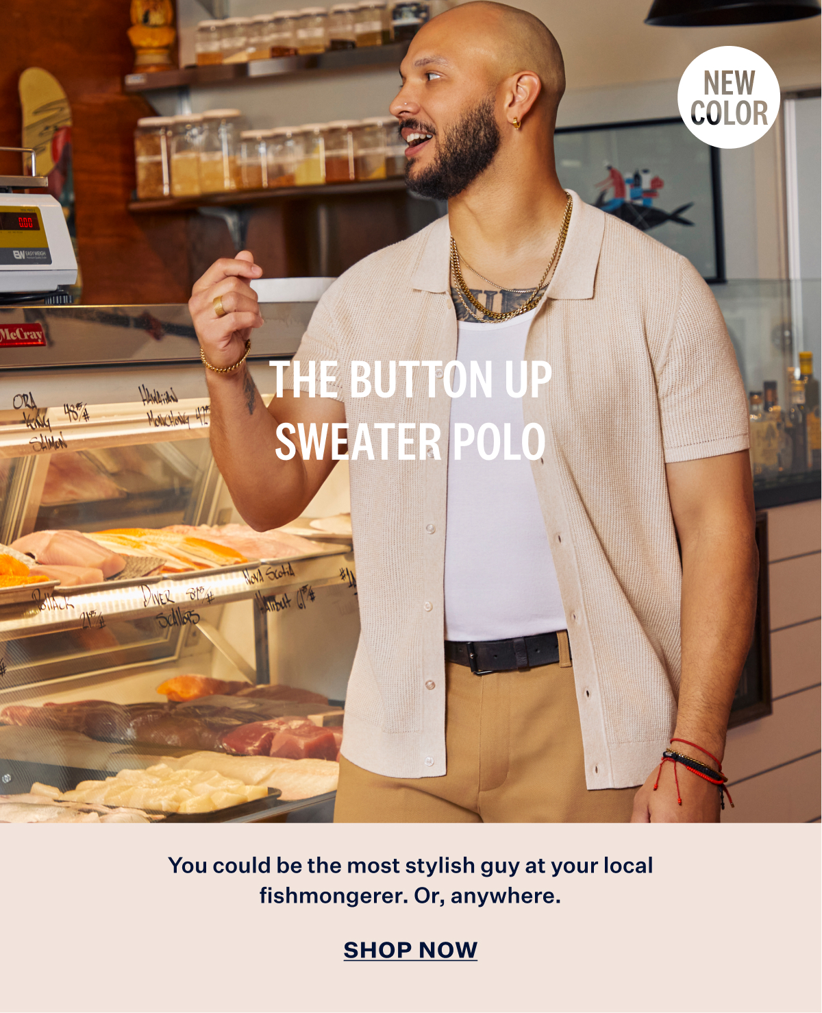 Man wearing Tech Linen Button Up Sweater Polo in Latte Heather