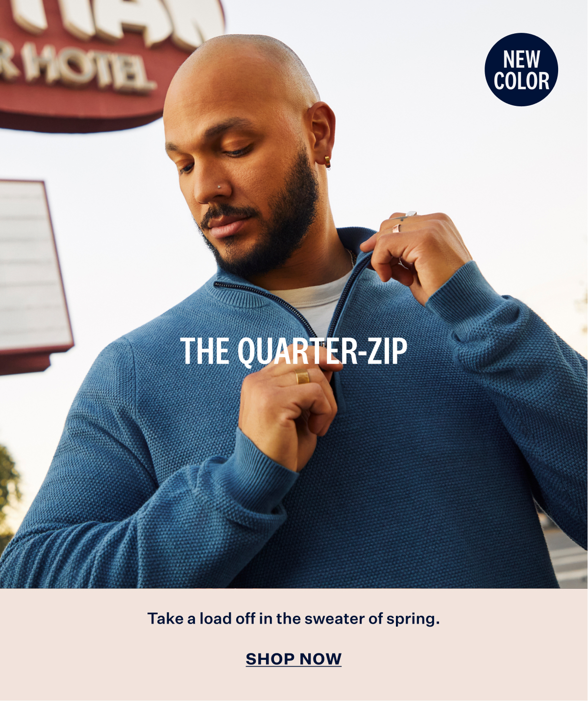 A man wearing Tech Linen Quarter Zip in Deep Lagoon Heather