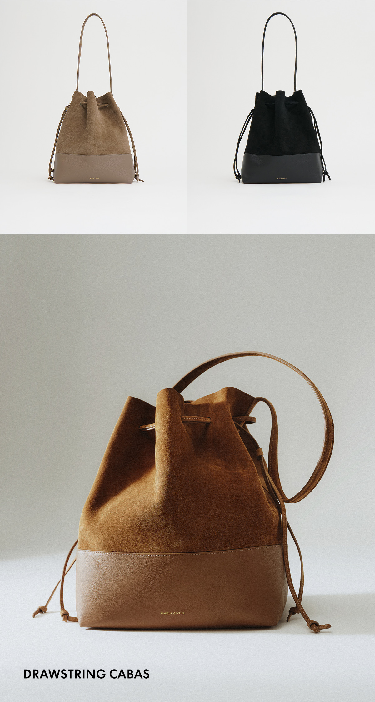 Our signature Drawstring Cabas returns in a new material combination of soft Italian suede and smooth leather. A familiar silhouette, refreshed in rich hues for everyday wear.