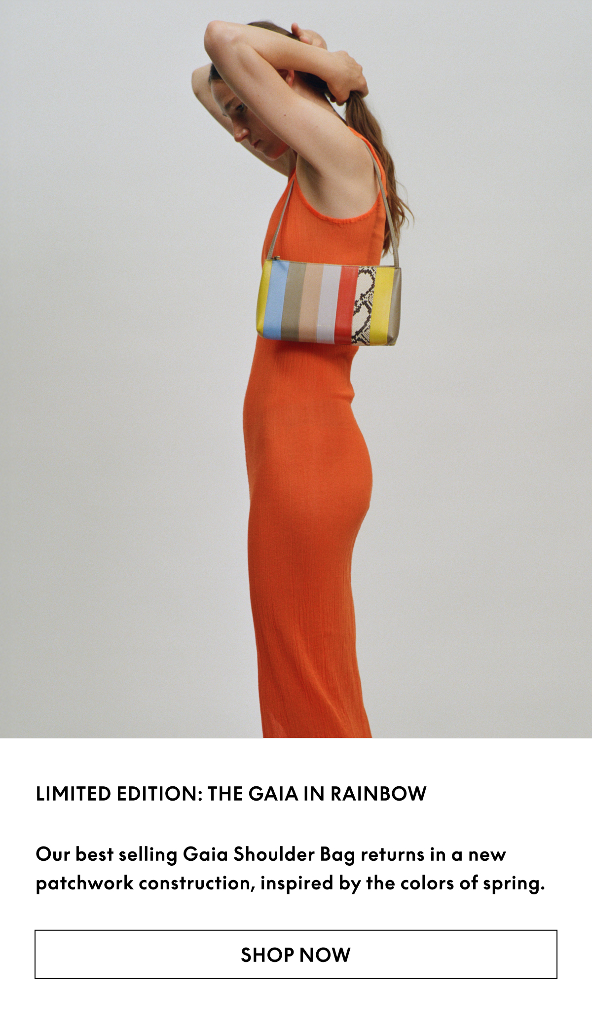 Our bestselling Gaia Shoulder Bag returns in a new patchwork construction, inspired by the colors of spring.