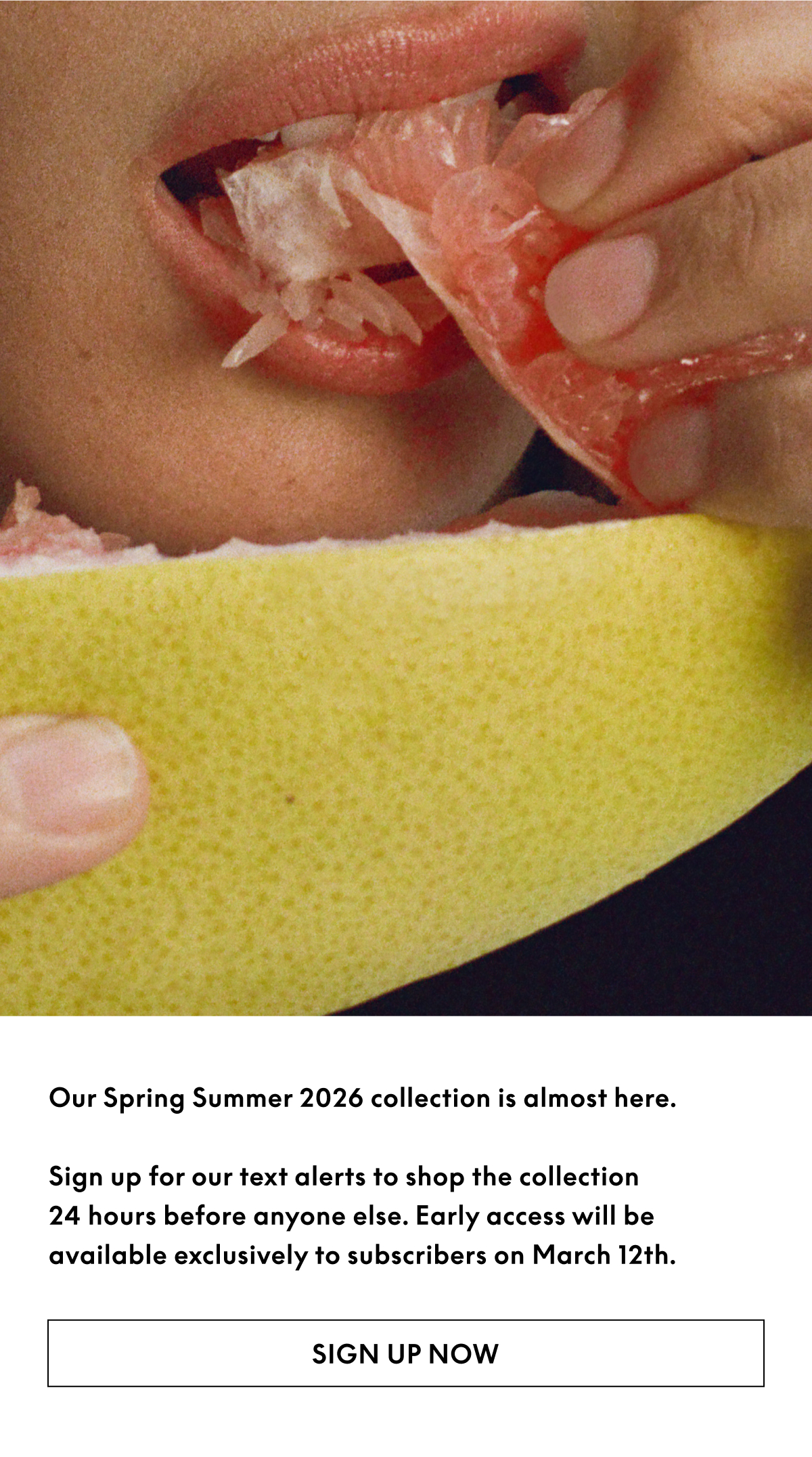Our Spring Summer 2026 collection is almost here. Sign up for our text alerts to shop the collection 24 hours before anyone else. Early access will be available exclusively to subscribers on March 12th.