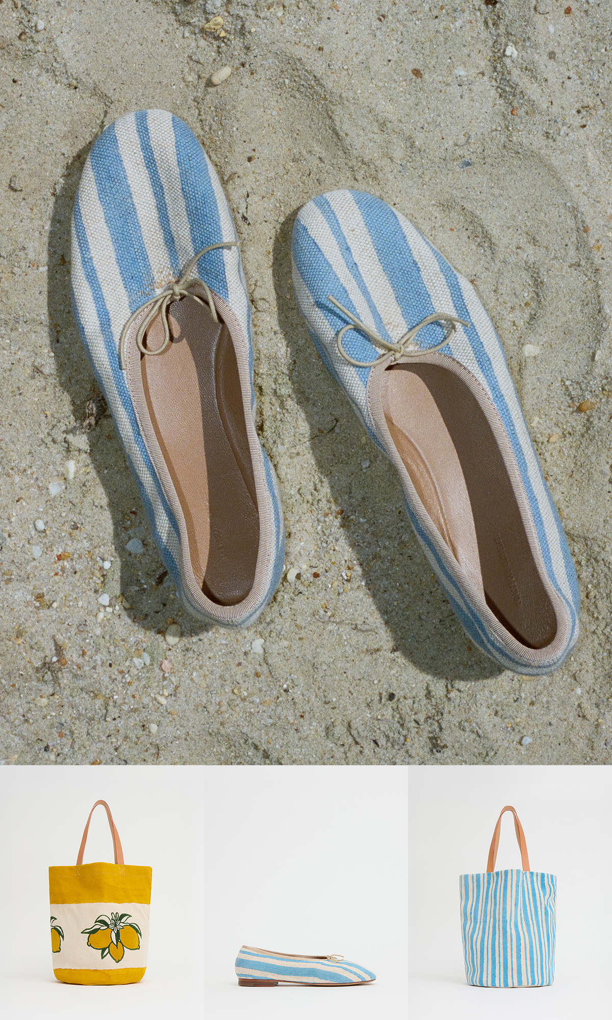 The collection includes three canvas totes, a pouch, and ballerina flats, each hand-stamped and hand-painted with precision.