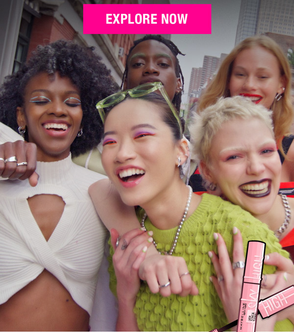 You've unlocked VIP access to Maybelline New York. Stay tuned for makeup launches written in white and pink font. A diverse group of people smiling and laughing outdoors. Text above reads 'Explore Now' with mascara product shown in the corner.