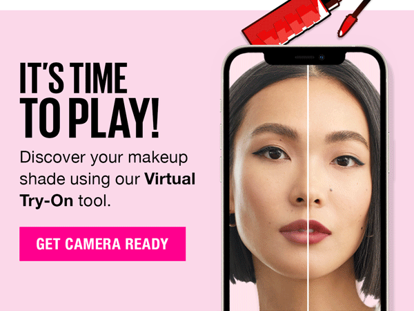 Virtual makeup try-on tool with smartphone and lipstick graphic with Get Camera Ready button