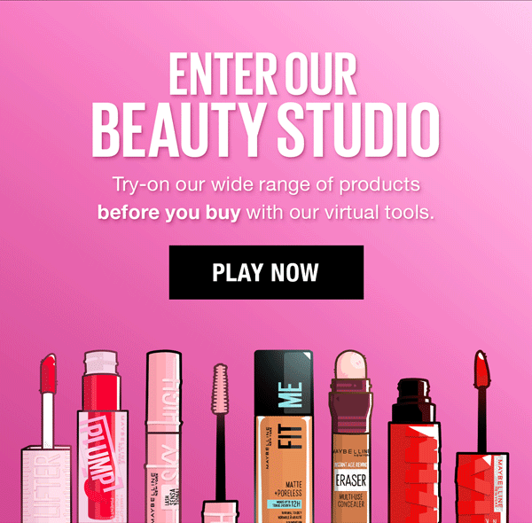 Enter Our Beauty Studio! Try-on our wide range of products before you buy. Visual for beauty studio with makeup product and PLAY NOW button on a pink background.