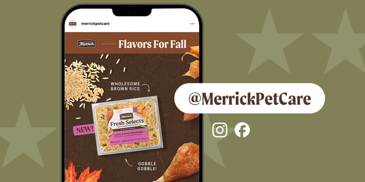 A phone showing Merrick instagram and social media icons.
