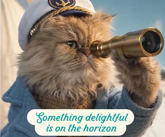 Merrick's Purrfect Bistro cat in a sailor hat and jacket looking through a scope as he sails.