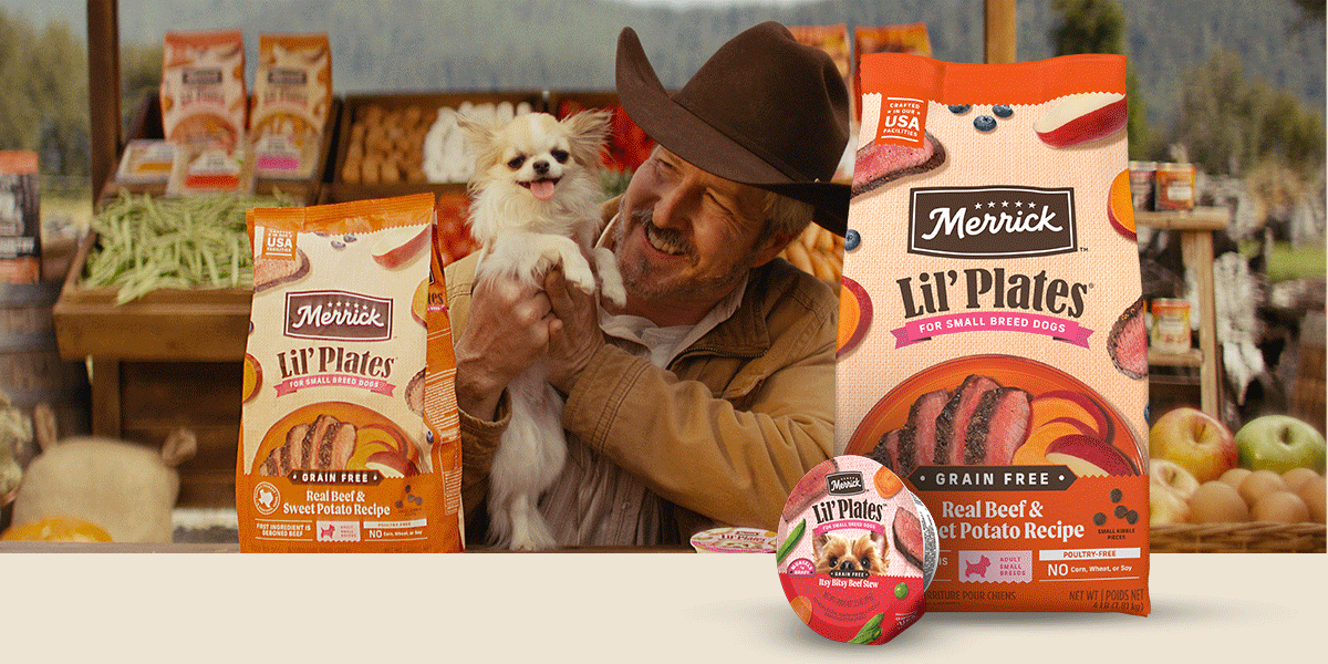 Gif of a cowboy with two different dogs, a golden retriever and a long haired chihuahua while featuring a variety of Merrick dog food products, both dry and wet.
