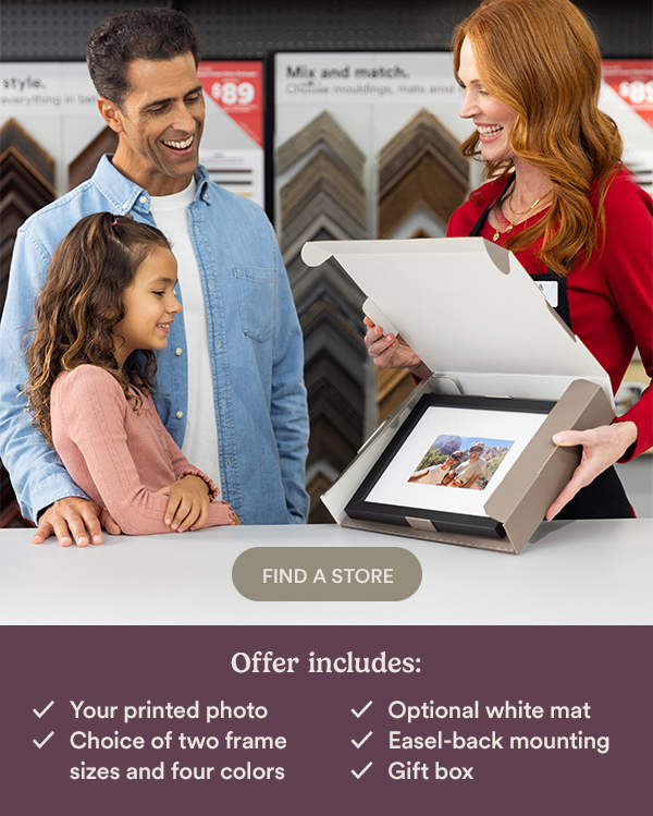 10 Minute Custom Framing. Upload a photo and we will print, custom frame and package it.