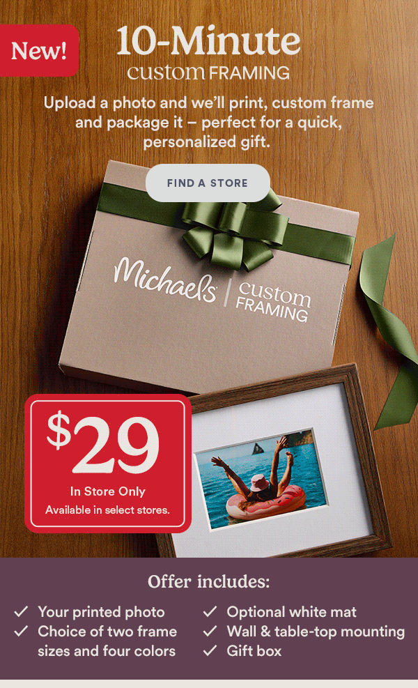 10 Minute Custom Framing. $29 in store only.