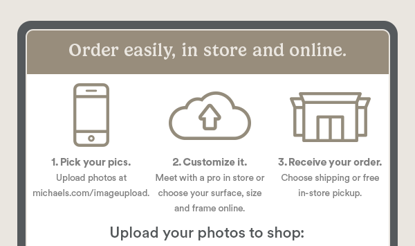 Order easily, in store and online. Pick your pics. Upload photos at michaels.com/imageupload. Customize it. Meet with a pro in-store or choose your surface, size and frame online. Receive your order. Choose shipping or free in-store pickup. Upload your photos to shop: