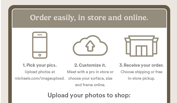 Order easily, in store and online. Pick your pics. Upload photos at michaels.com/imageupload. Customize it. Meet with a pro in-store or choose your surface, size and frame online. Receive your order. Choose shipping or free in-store pickup. Upload your photos to shop: