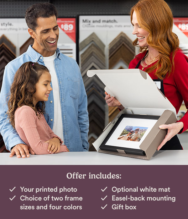 Offer includes: Your printed photo Choice of two frame sizes and four colors Optional white mat Easel-back mounting Gift box.