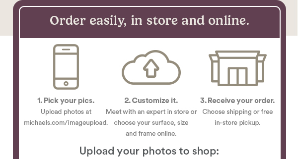 Order easily, in store and online. Pick your pics. Upload photos at michaels.com/imageupload. Customize it. Meet with a pro in-store or choose your surface, size and frame online. Receive your order. Choose shipping or free in-store pickup. Upload your photos to shop: