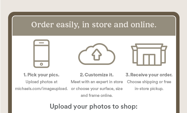Order easily, in store and online. 1. Pick your pics. Upload photos at michaels.com/imageupload. 2. Customize it. Meet with an expert in store or choose your surface, size and frame online. 3. Receive your order. Choose shipping or free in-store pickup. Upload your photos to shop:
