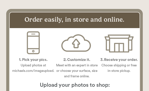 Order easily, in store and online. 1. Pick your pics. Upload photos at michaels.com/imageupload. 2. Customize it. Meet with an expert in store or choose your surface, size and frame online. 3. Receive your order. Choose shipping or free in-store pickup. Upload your photos to shop: