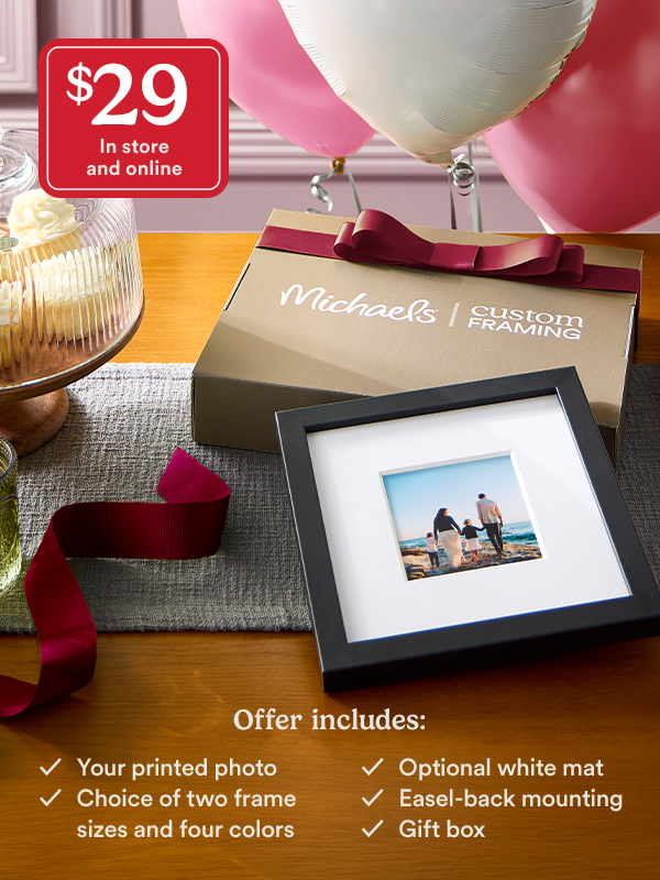 $29 in store and online. Offer includes: your printed photo, choice of two frame sizes and four colors, optional white mat, easel-back mounting, gift box.