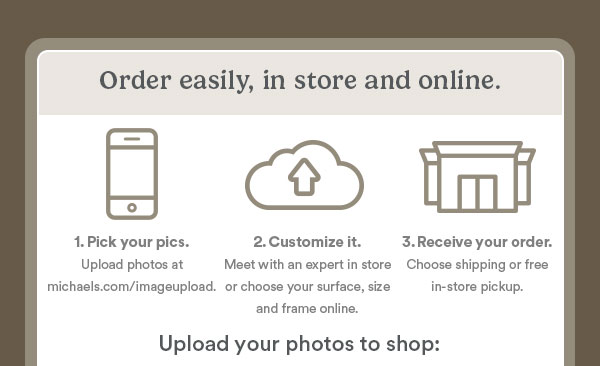 Order easily, in store and online. 1. Pick your pics. Upload photos at michaels.com/imageupload. 2. Customize it. Meet with an expert in store or choose your surface, size and frame online. 3. Receive your order. Choose shipping or free in-store pickup. Upload your photos to shop: