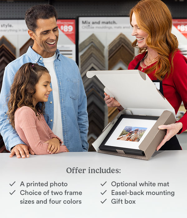Offer includes: A printed photo. Choice of two frame sizes and colors. Optional white mat. Easel-back mounting. Gift box.
