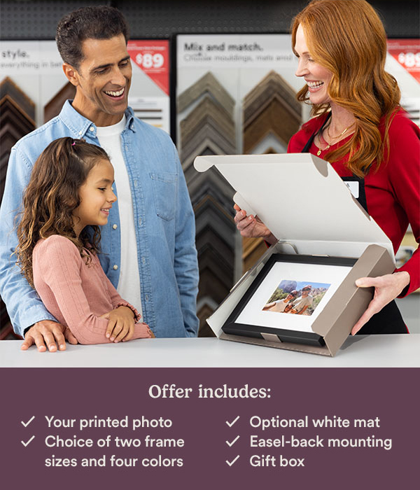 Offer includes: Your printed photo Optional white mat Choice of two frame sizes and four colors Easel-back mounting Gift box