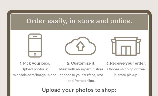 Order easily, in store and online. 1. Pick your pics. Upload photos at michaels.com/imageupload. 2. Customize it. Meet with an expert in store or choose your surface, size and frame online. 3. Receive your order. Choose shipping or free in-store pickup. Upload your photos to shop:
