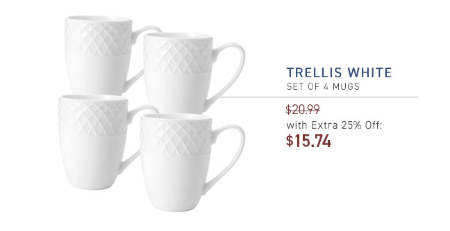 Trellis White Set of 4 Mugs $20.99 Price With Extra 25% Off: $15.74
