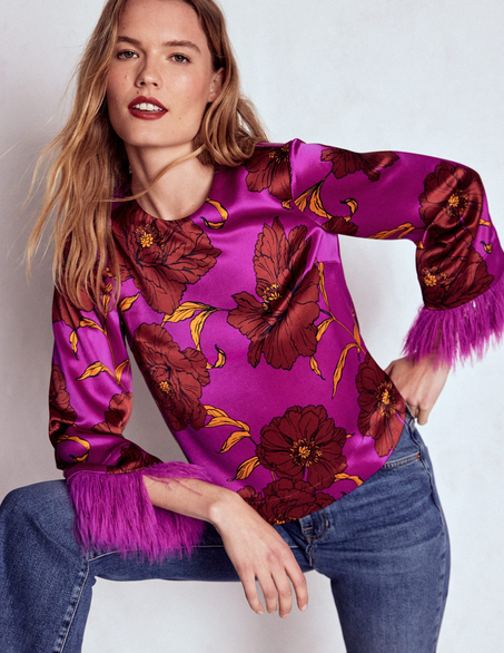 Faux Feather Trim Party Top-Regal Purple, Peony Bloom