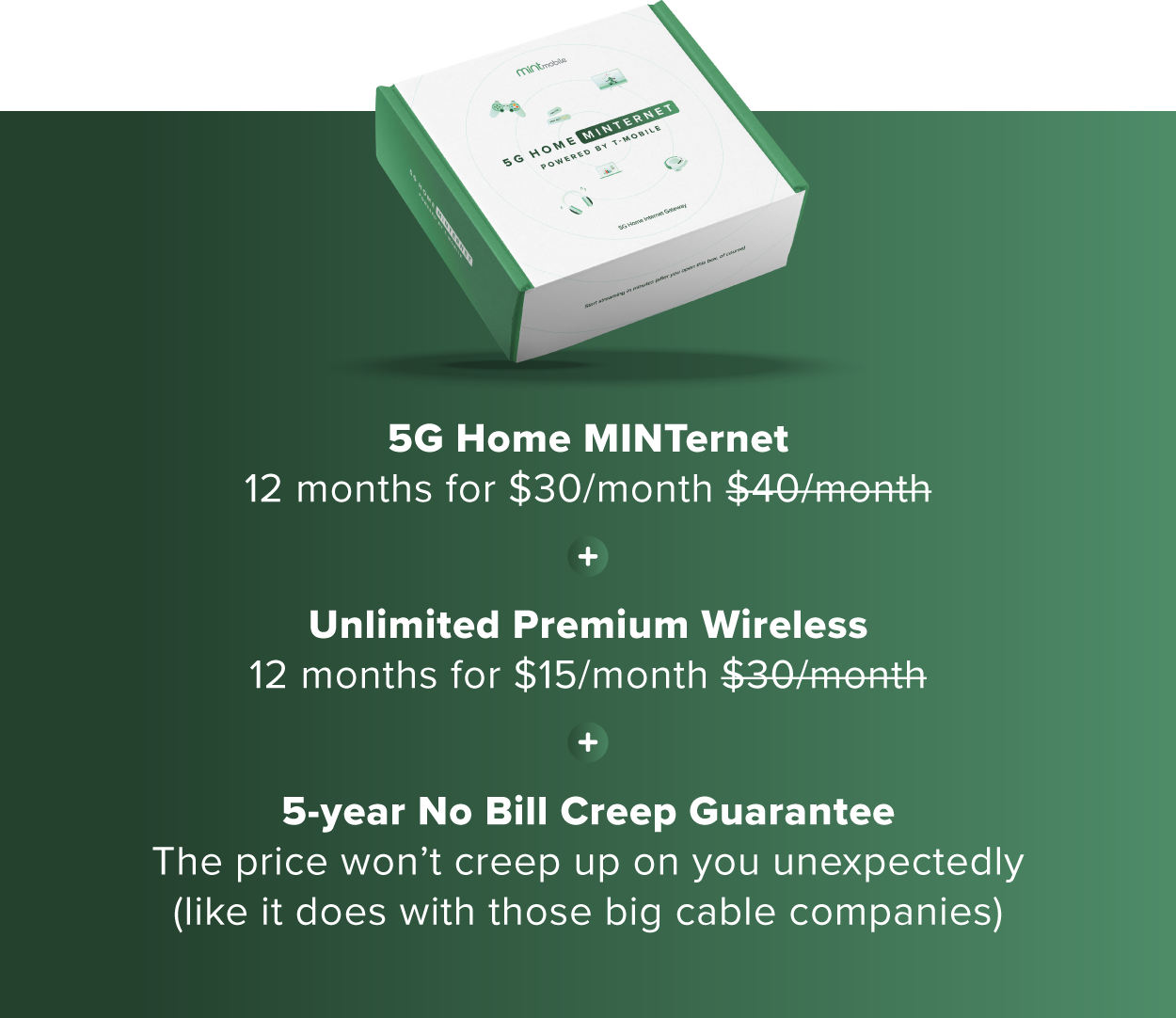 What you get with your bundle | 5G Home MINTernet for $30/mo for 12mo | Unlimited Wireless $15/mo for 12mo | 5-Year No Bill Creep Guarantee