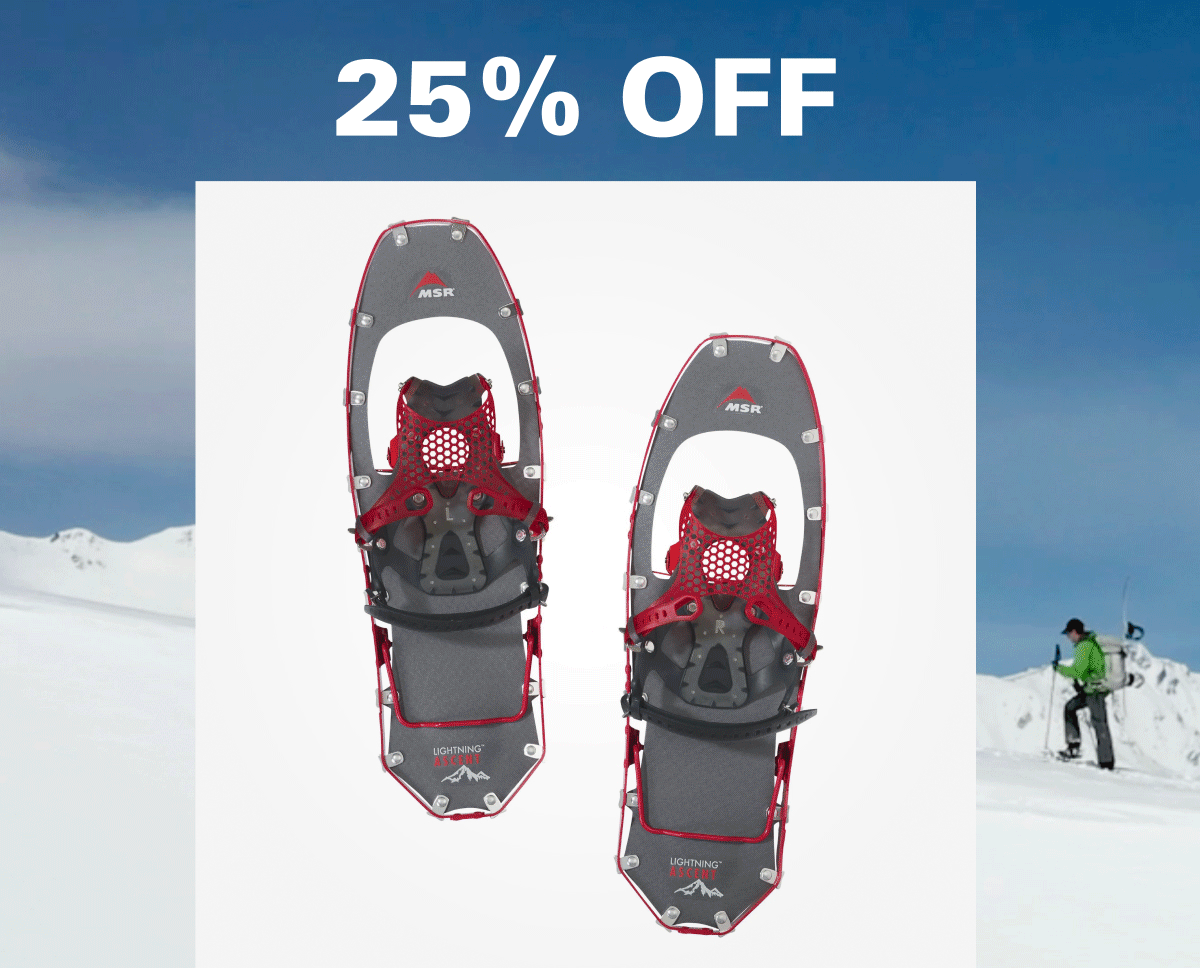 an image of a pair of snowshoes with a person walking in the background