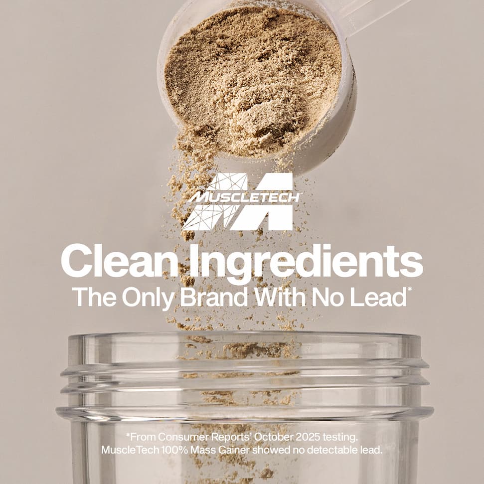A scoop of protein powder pouring into a clear container with "Muscletech" branding. Text reads, "Clean Ingredients, The Only Brand With No Lead."