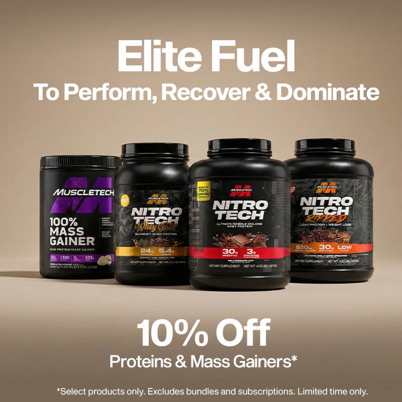 10% off ProteinFour MuscleTech protein containers on a beige background with "10% Off Protein" text above. Terms apply. Energetic and promotional tone.