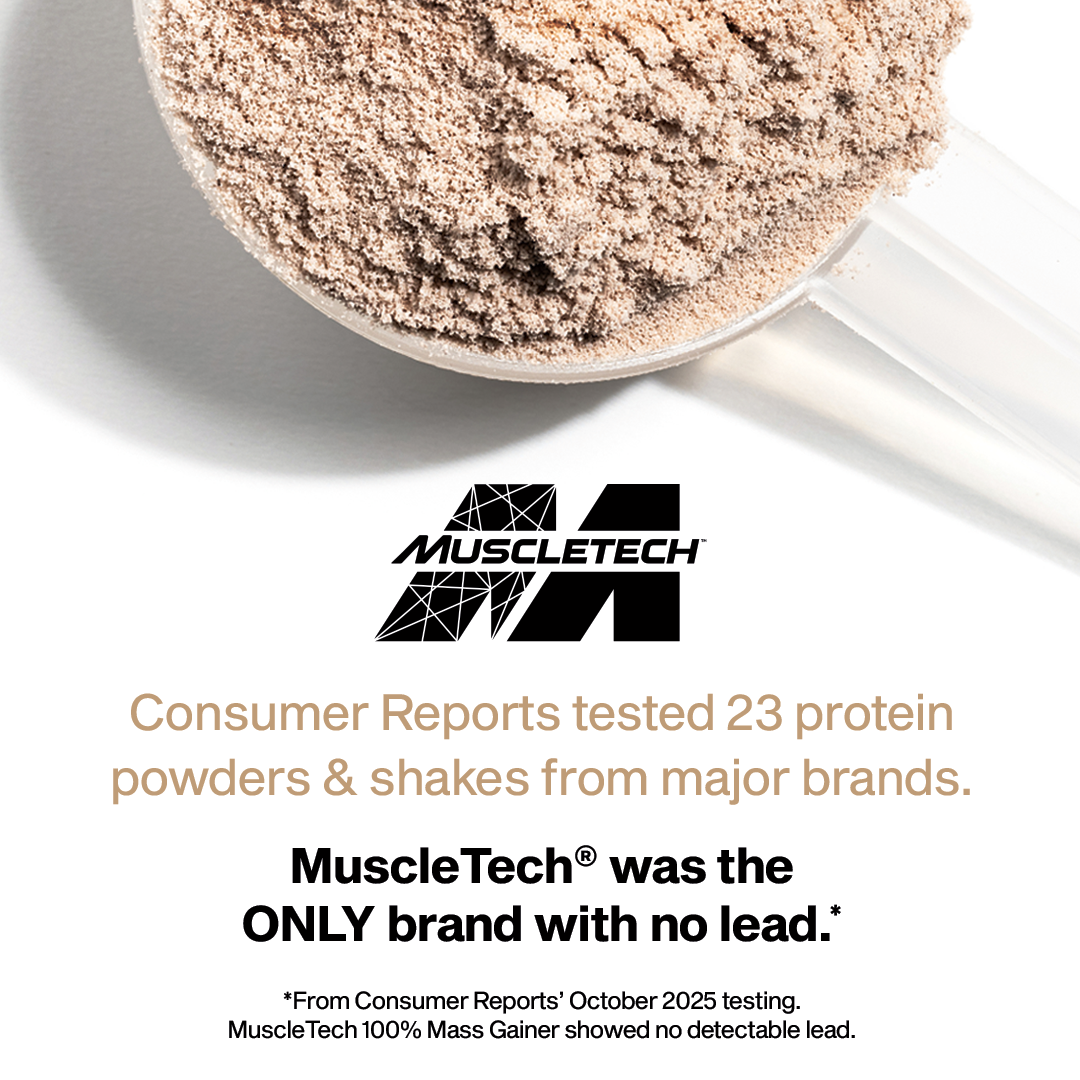 A scoop of protein powder pouring into a clear container with "Muscletech" branding. Text reads, "Clean Ingredients, The Only Brand With No Lead."